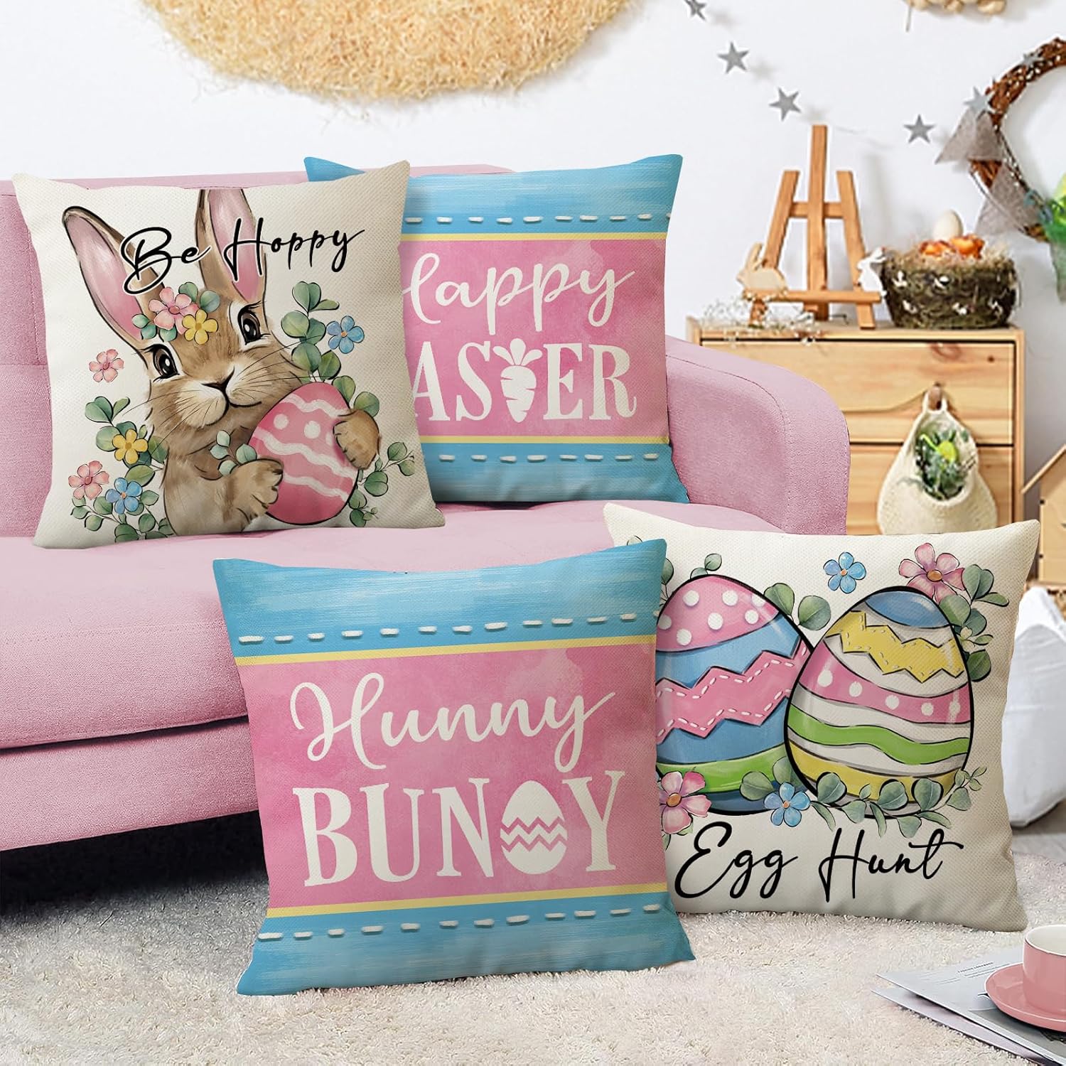 Easter Themed Cushion Cover, 4 Counts/set Rabbit & Egg Pattern Cushion Cover without Filler, Home Decor for Living Room Bedroom, Holiday Themed, Hunny Bunny, Egg Hunt