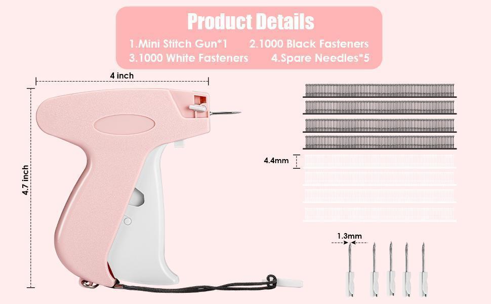 Stitch Gun for Clothes - Handheld Quick Clothing Fixer & Mini Tagging Gun, Includes 5 Needles & 500 Black & 500 White Fasteners