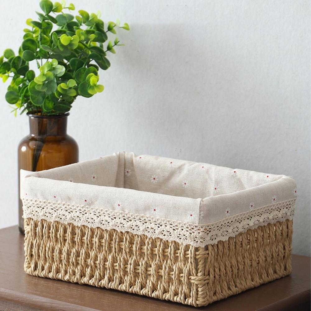 Handwoven Storage Basket with Lid, Desktop Snack Organizer, Living Room Toy Rack, Key and Makeup Holder, Home Organization