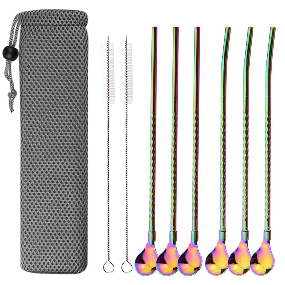 9-Piece Reusable Stainless Steel Straw Spoon Cutlery Set, Ideal for Bar Parties, Durable and Eco-Friendly Dining Accessories
