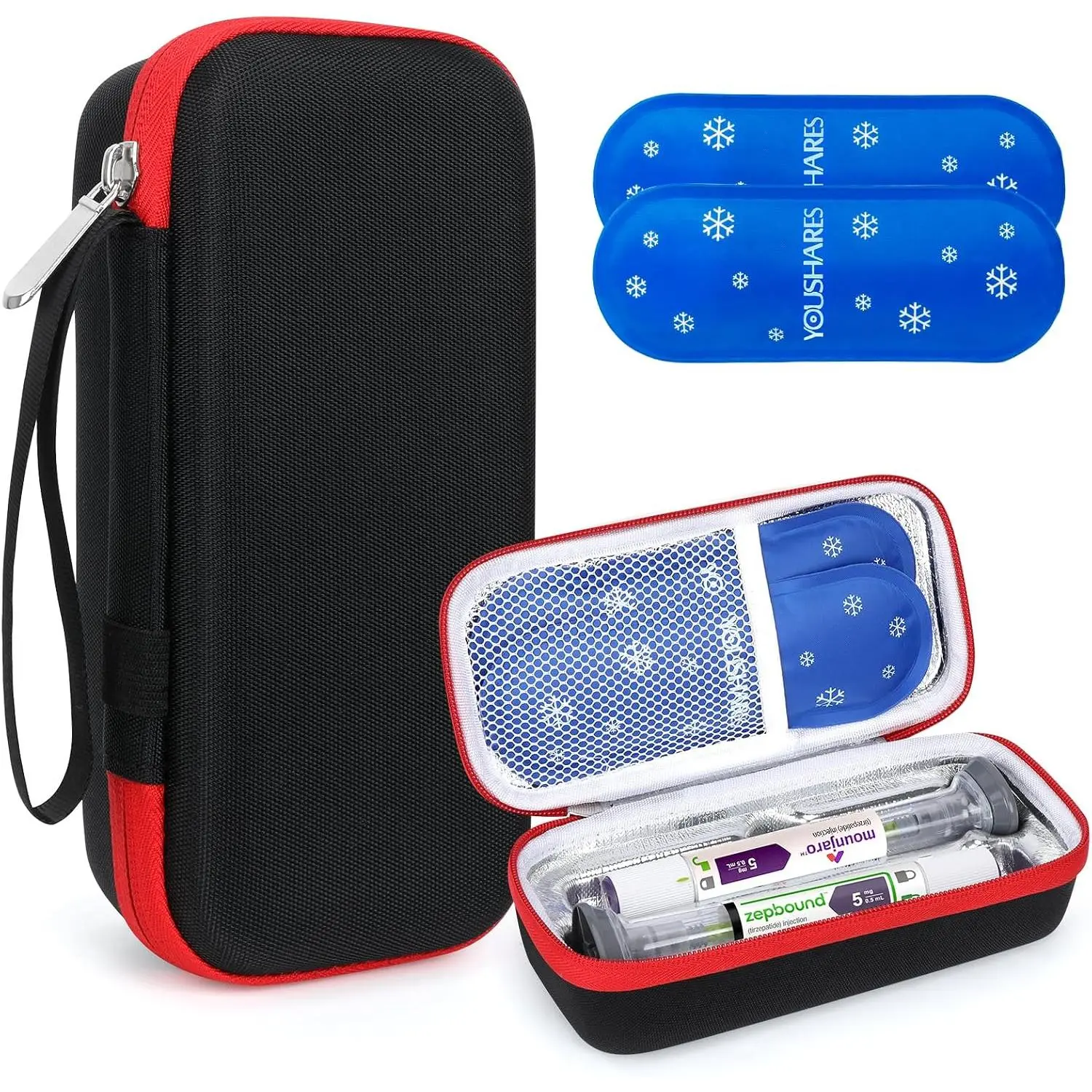 Hard Shell Organizer GLP-1 Travel Case for Zepbound, Mounjaro & Tirzepatide Injector Pens, TSA-Approved Compact Size Bag with 2 Reusable Cooling Packs & Secure Pen Fitting for Travel Use