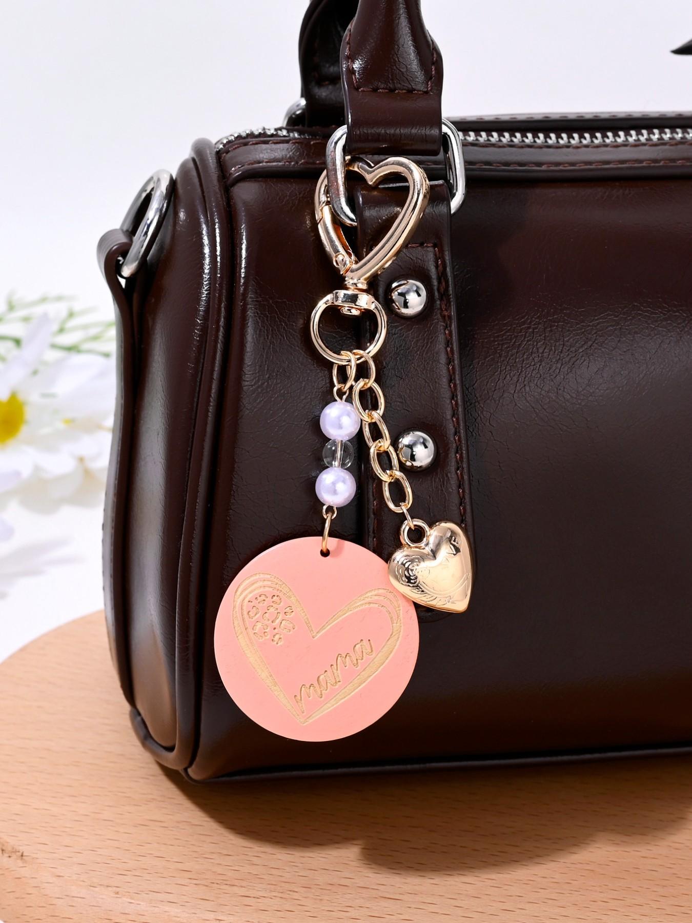 Creative Fashion Mama Wooden Sign Heart Artificial Pearl Keychain, Perfect Mother's Day Gift for Women, Bag Decoration
