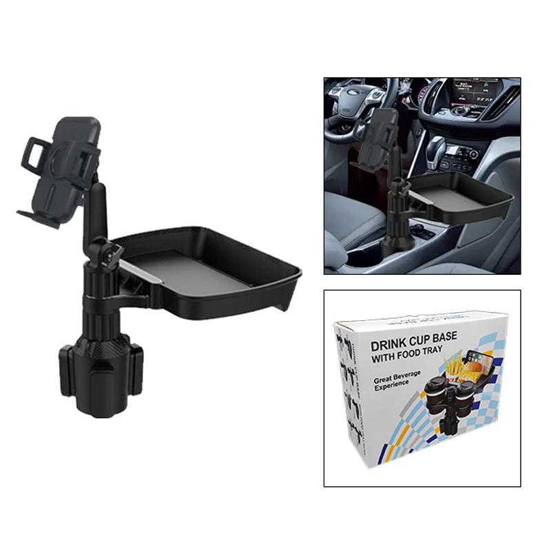 360° Rotatable Car Phone Holder with Cup Holder Tray, Universal Fit for Most Cars, Convenient Drink Food Storage Stand