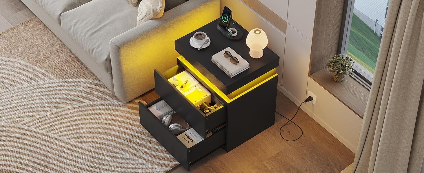 Sikaic Nightstand with Sliding Top and 2 Drawers Modern Bedside Table with LED Lights and Charging Station Sikaic Nightstand with Sliding Top and 2 Drawers Modern Bedside Table with LED Lights and Charging Station
