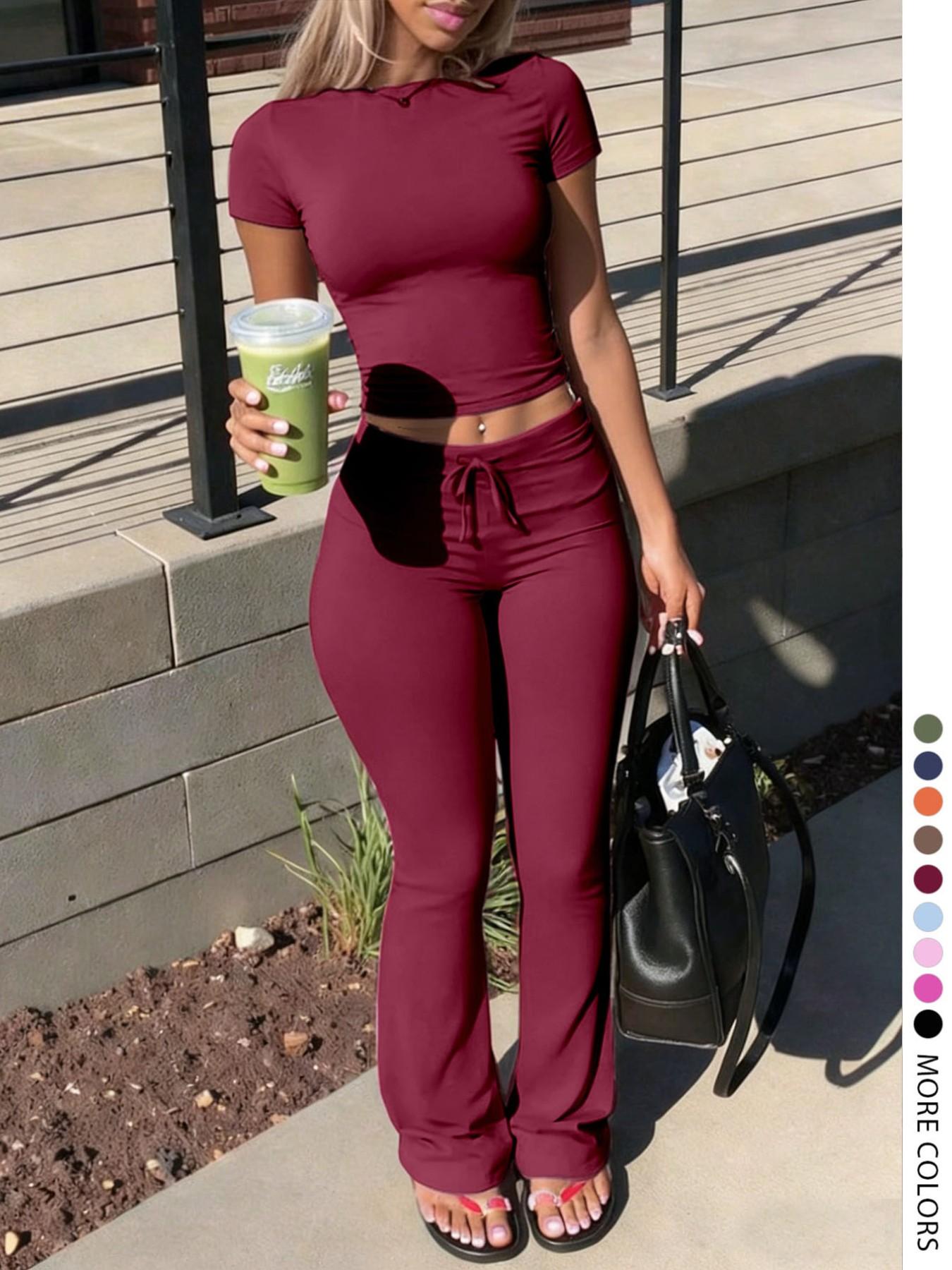 LovelyWholesale - US Women's Fashion Casual Solid Color Round Neck Short Sleeve T-Shirt Top and Drawstring Pants Two-Piece Set, Spring and Summer Clothing