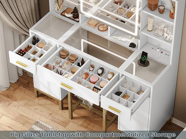 Sikaic Makeup Vanity Set With Mirror And Lights Charging Station Furniture Luxury Modern Design Bedroom Storage