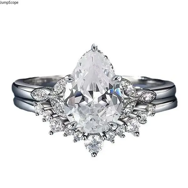 Women's Silver-Tone Pear Teardrop Cubic Zirconia Wedding Ring Sets, Sunburst Marquise Accent Stackable Bands for Bridal Engagement Indoor Recreation