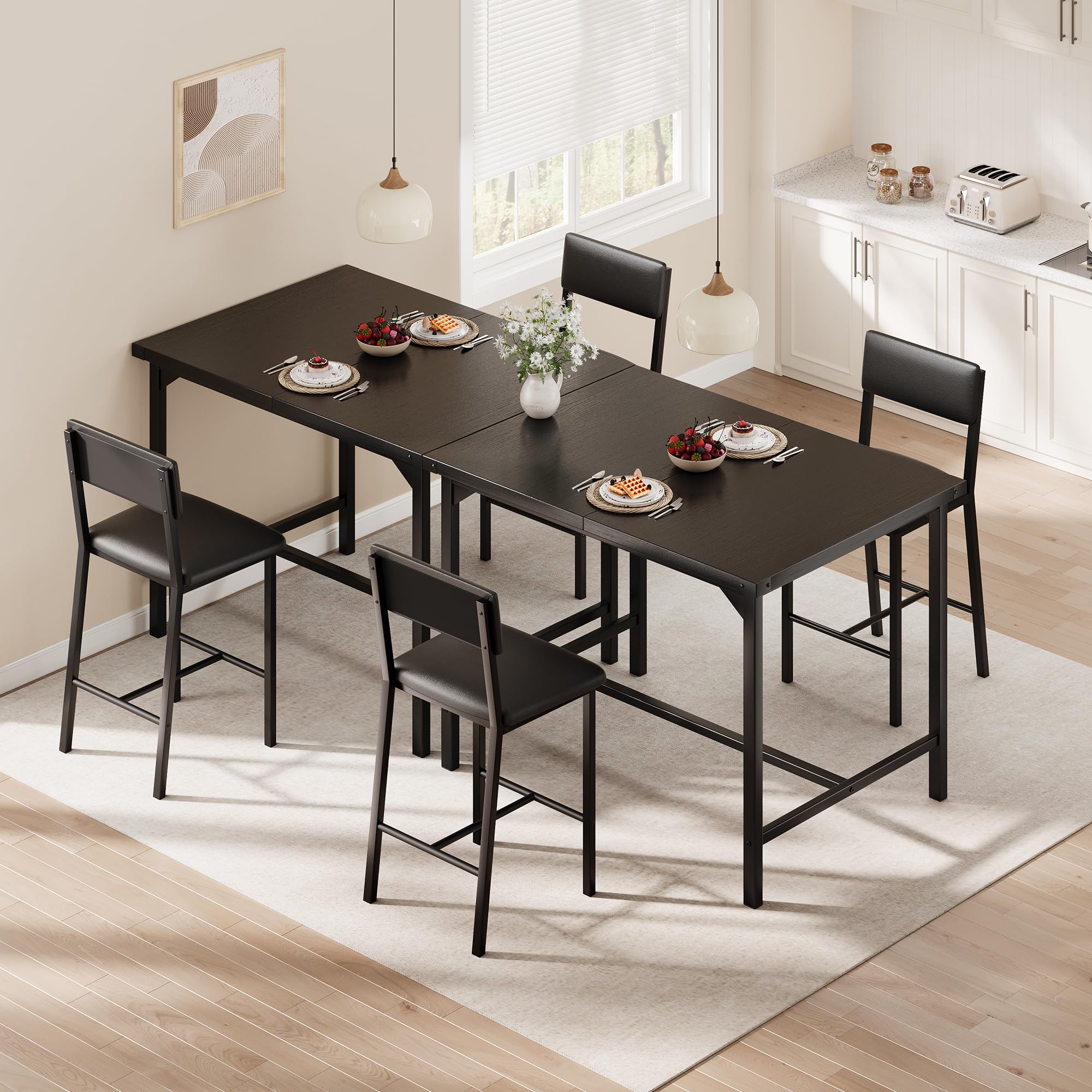 Dining Table Set for 2 w/Counter Height Table & 2 Upholstered Bar Stools, 3-Piece Kitchen Table Set with Footrest & Corner Protector, for Kitchen Room, Apartment
