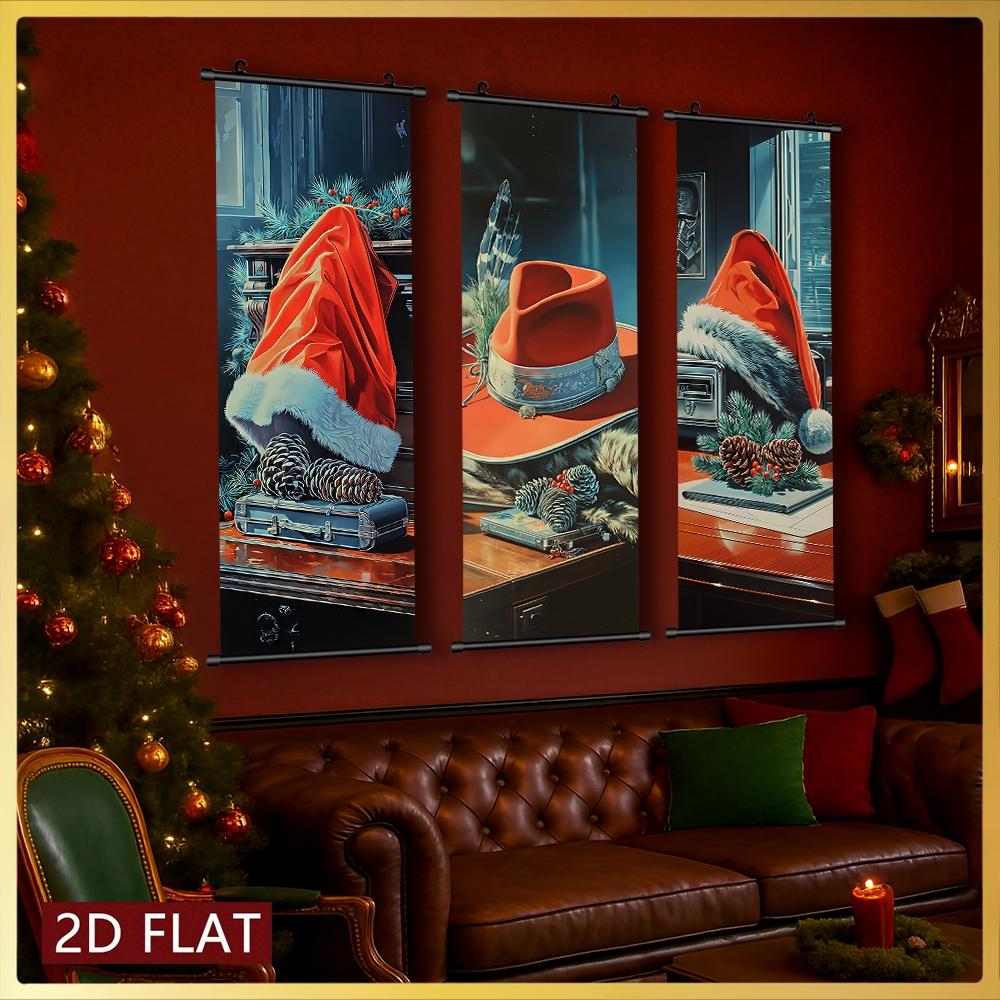 3Pcs Creative Christmas Hat Theme Hanging Scroll Poster Modern Minimalist Home Decor Paintings Odorless And Fade-Resistant Suitable For Bedroom Children'S Room Living Room Study Wall Decoration