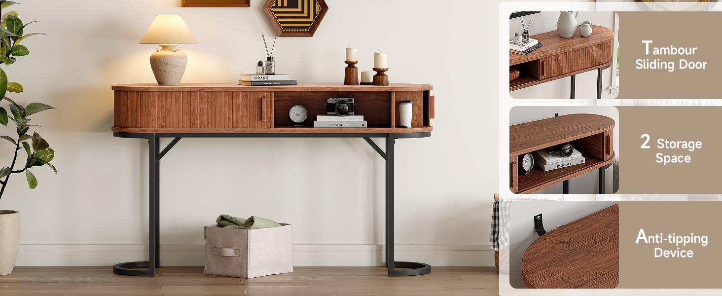 【SPOTLIGHT DAY】ONBRILL 55.1" Fluted Console Table With Tambour Doors And Metal Base For Hallway, Living Room