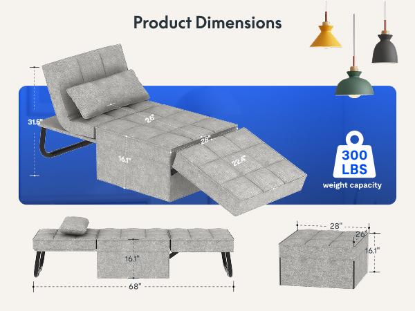 【TikTokShopfalldealsforyou】FlexiSpot Convertible Sleeper Chair Sofa Bed, 75 inches, with 5-Level Adjustable Backrest, Folding Ottoman Bed Sofa for Living Room, Apartment, Office - Grey