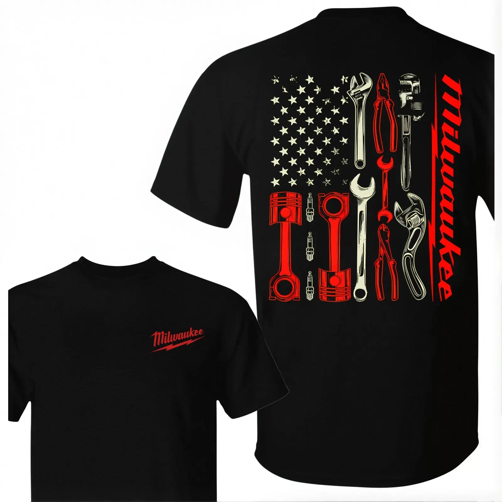 Men's Vintage Milwaukee Tools Mechanic Graphic Tee Short-Sleeve Black Tshirt, USA Flag Print Menswear Tops