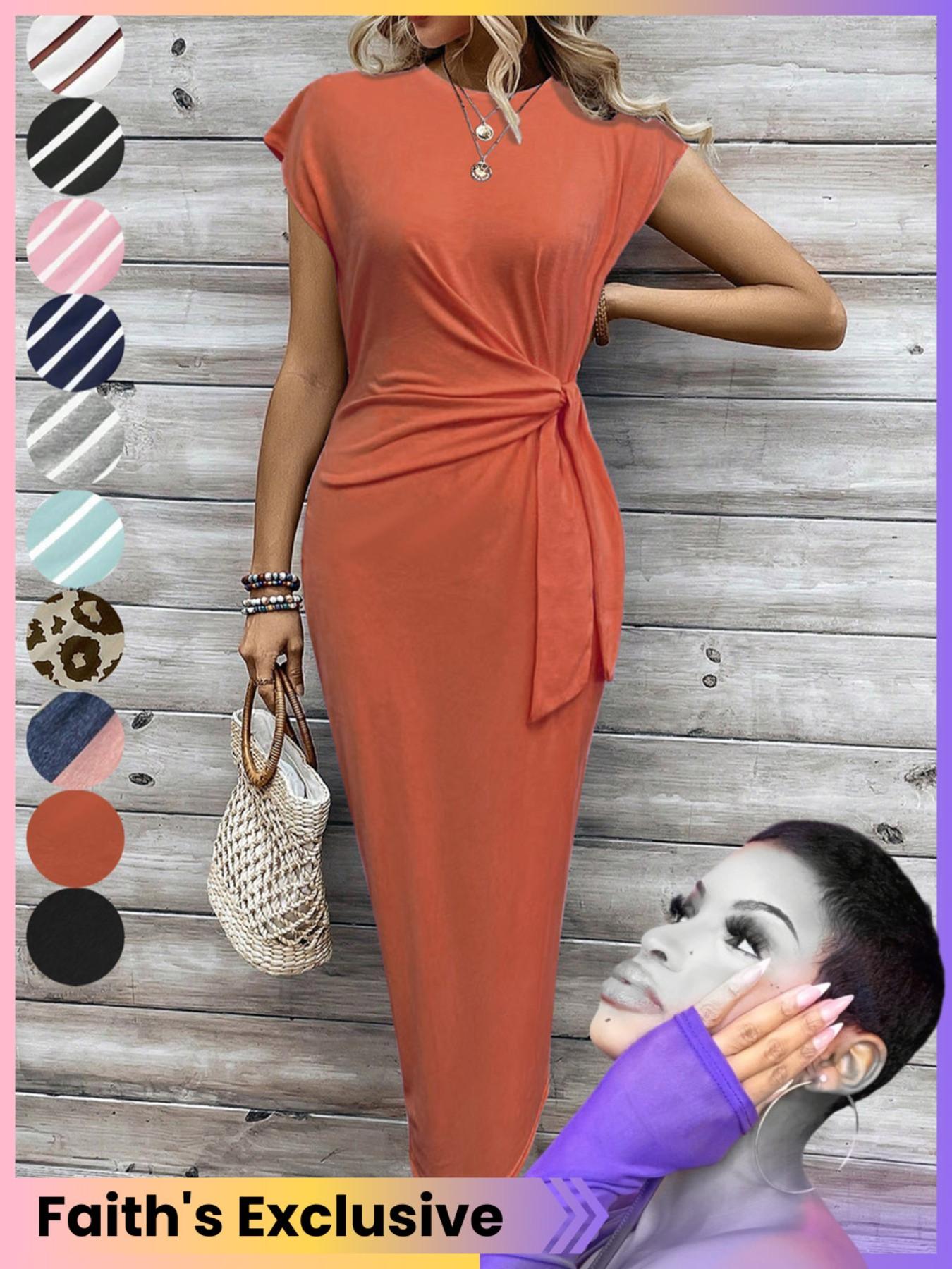 Women's Striped Print Knot Bodycon Dress, Summer Outfits 2024, Elegant Drop Shoulder Short Sleeve Long Dress for Summer, Sundress Maxi Dress, Frenchy Style Ladies Clothes for Beach Holiday