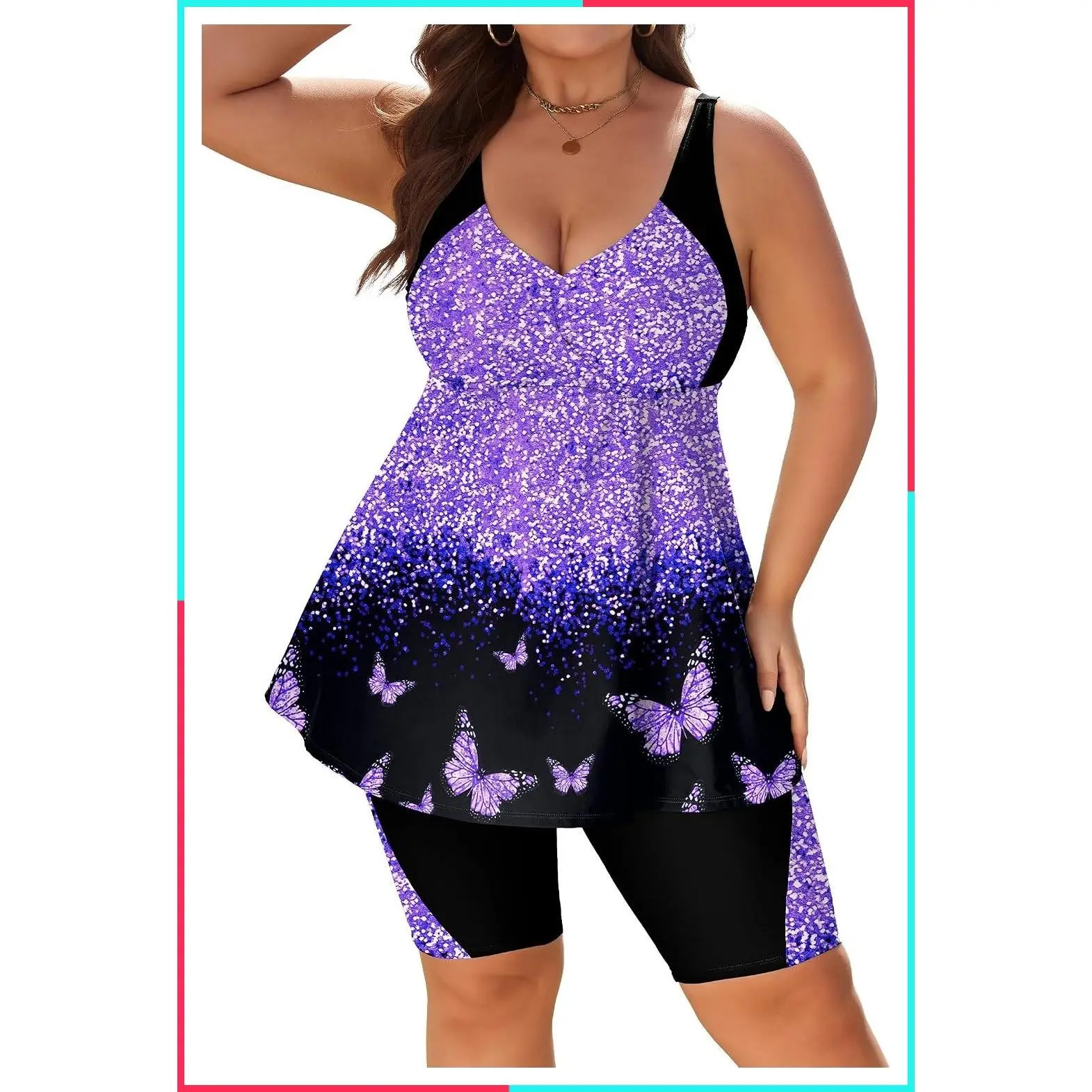 Plus Size Two Piece Tankini Swimsuit for Women with Shorts Modest Full Coverage Tummy Control Bathing Suit