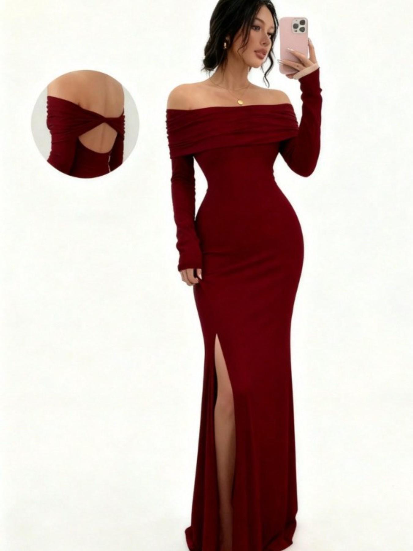 Elegant Long Sleeve Split Back One-Shoulder Dress, Sexy Bodycon A-Line Midi Dress, Perfect for Special Occasions, Women's Fashion