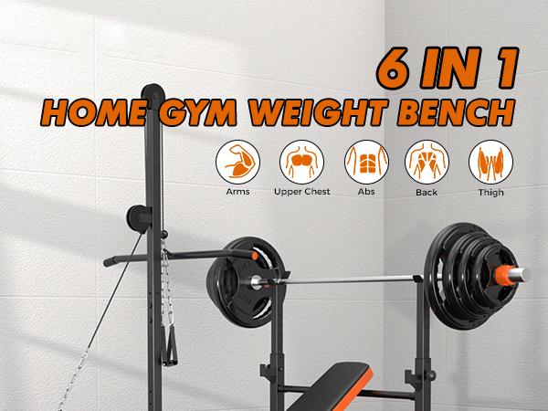 Bearbro Bench Press Set, 880LBS Adjustable Weight Bench with Leg Extension and Preacher Curl Pad, 8 IN 1 Multi-Function Gym Bench with LAT Pulldown Pulley System, Full-Body Workout Home Gym Equipment Squat Rack