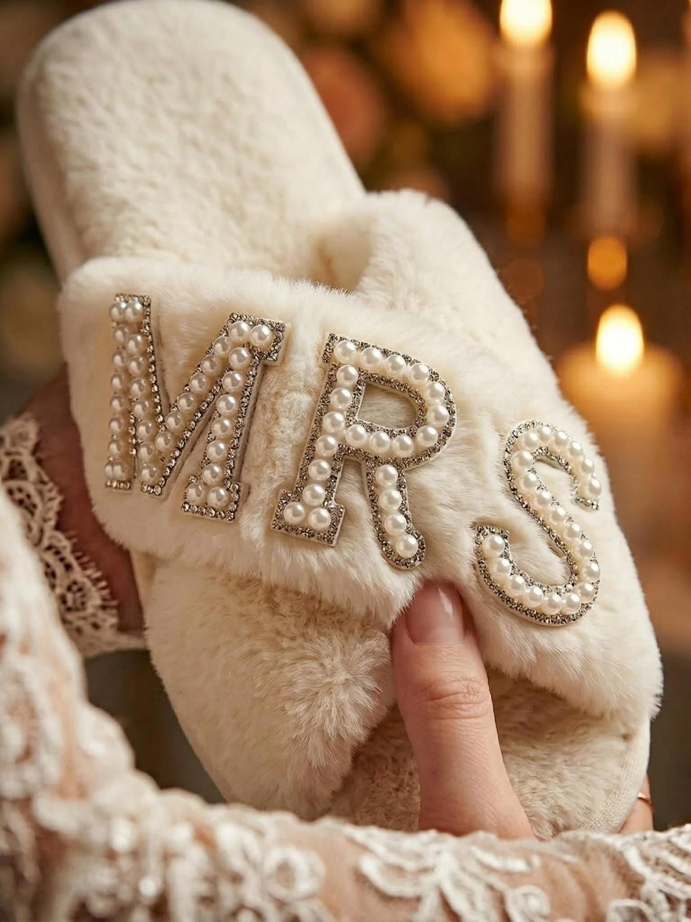 Customizable Wedding Slippers for Bride and Bridesmaids, Elegant X-Strap Fuzzy House Slippers with Pearls and Rhinestones, Casual Indoor Shoes