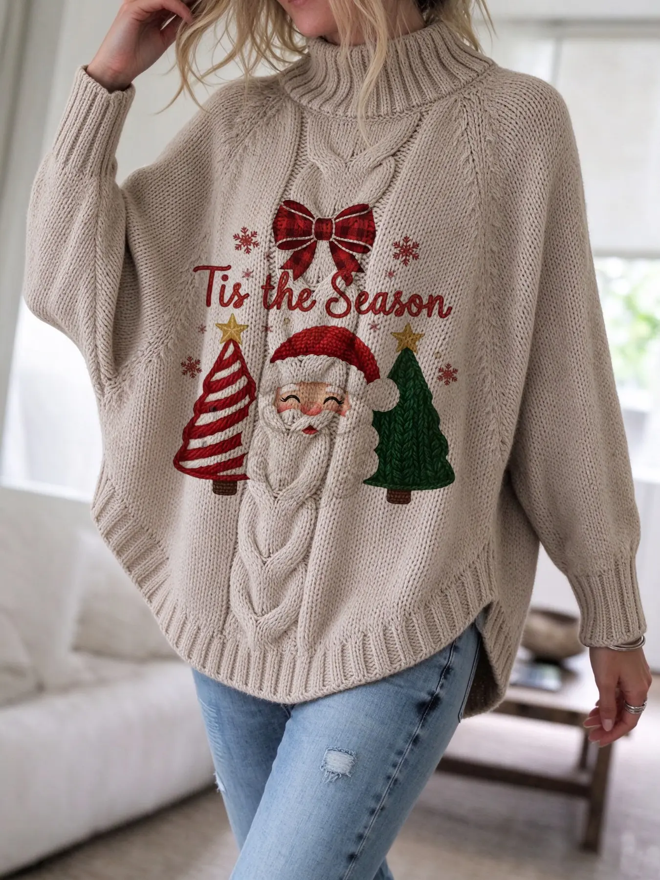 New Christmas Winter Half High Neck Knit Santa Print Sweater Women, Loose Fit Lazy Shoulder Thick Pullover, Vintage Cable Knit Top