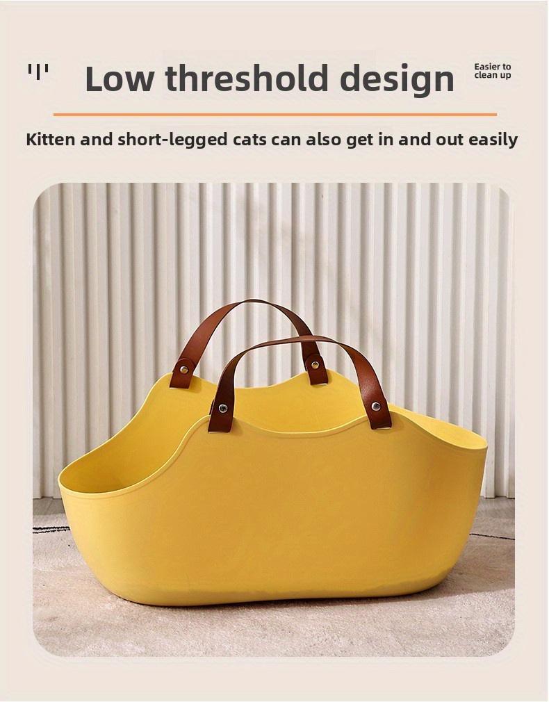 Large Semi-Enclosed Cat Litter Box, Open Front, Anti-Splashing, Portable with Handle, Easy Clean, Modern White & Brown, for Home Travel Apartment