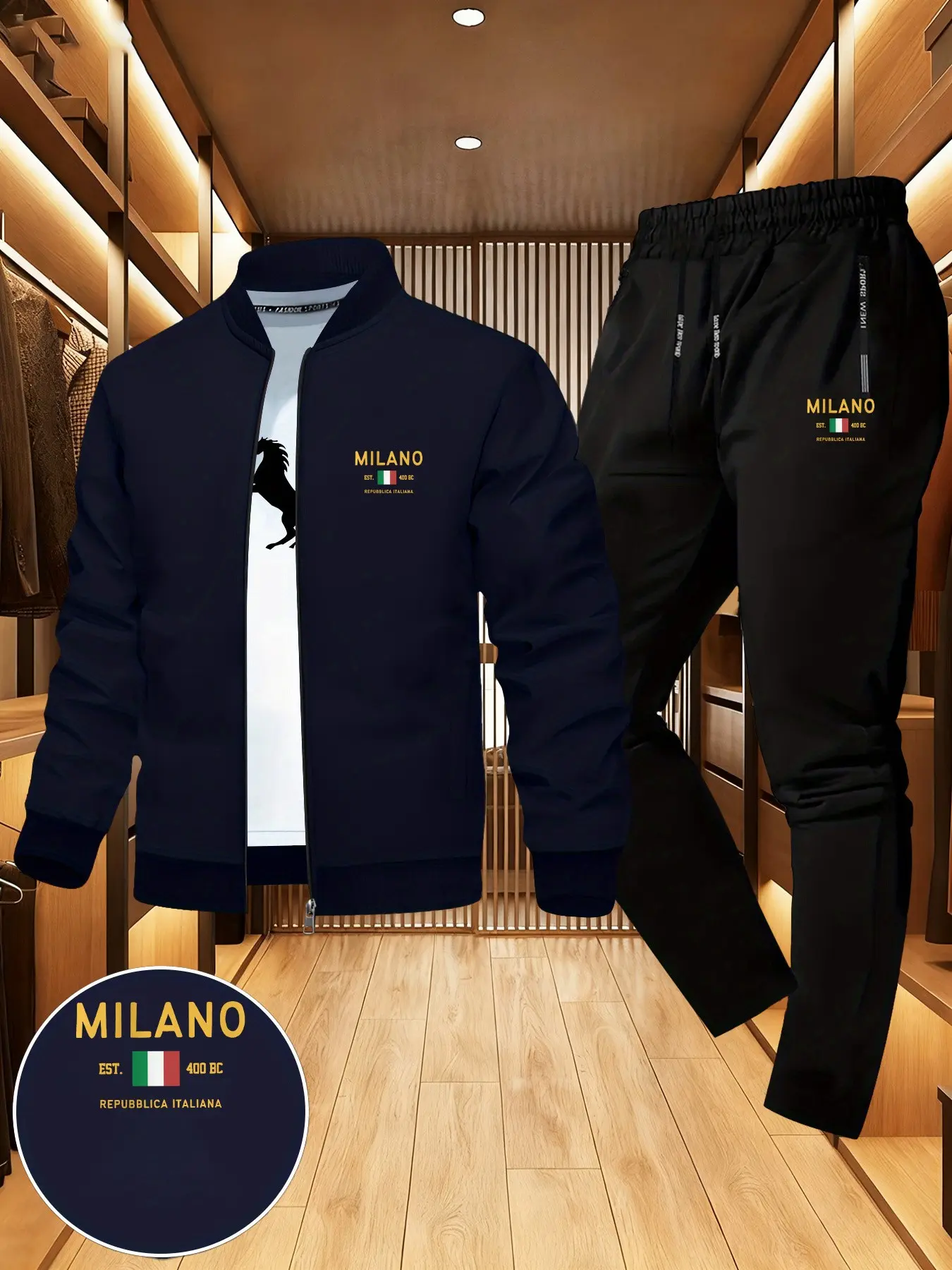 Men's Fitted Jacket and Sport Pants Set, Gold Milan Print, Zipper Polyester, Smooth Fabric, Fall Winter Casual Outerwear