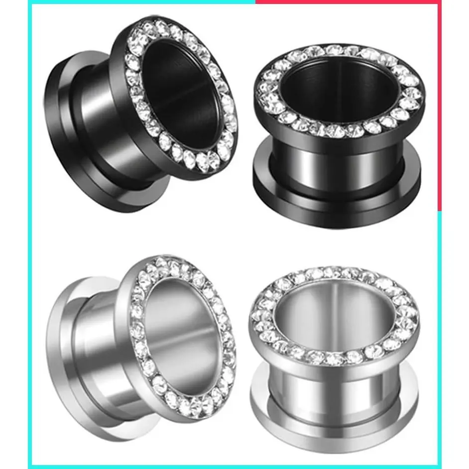 Black Silver Plated Crystal Rhinestone CZ Ear Tunnels Plugs Gauges Stretcher Earrings Screw Fit Hypoallergenic Stainless Steel Body Piercing Jewelry Personalized Gift