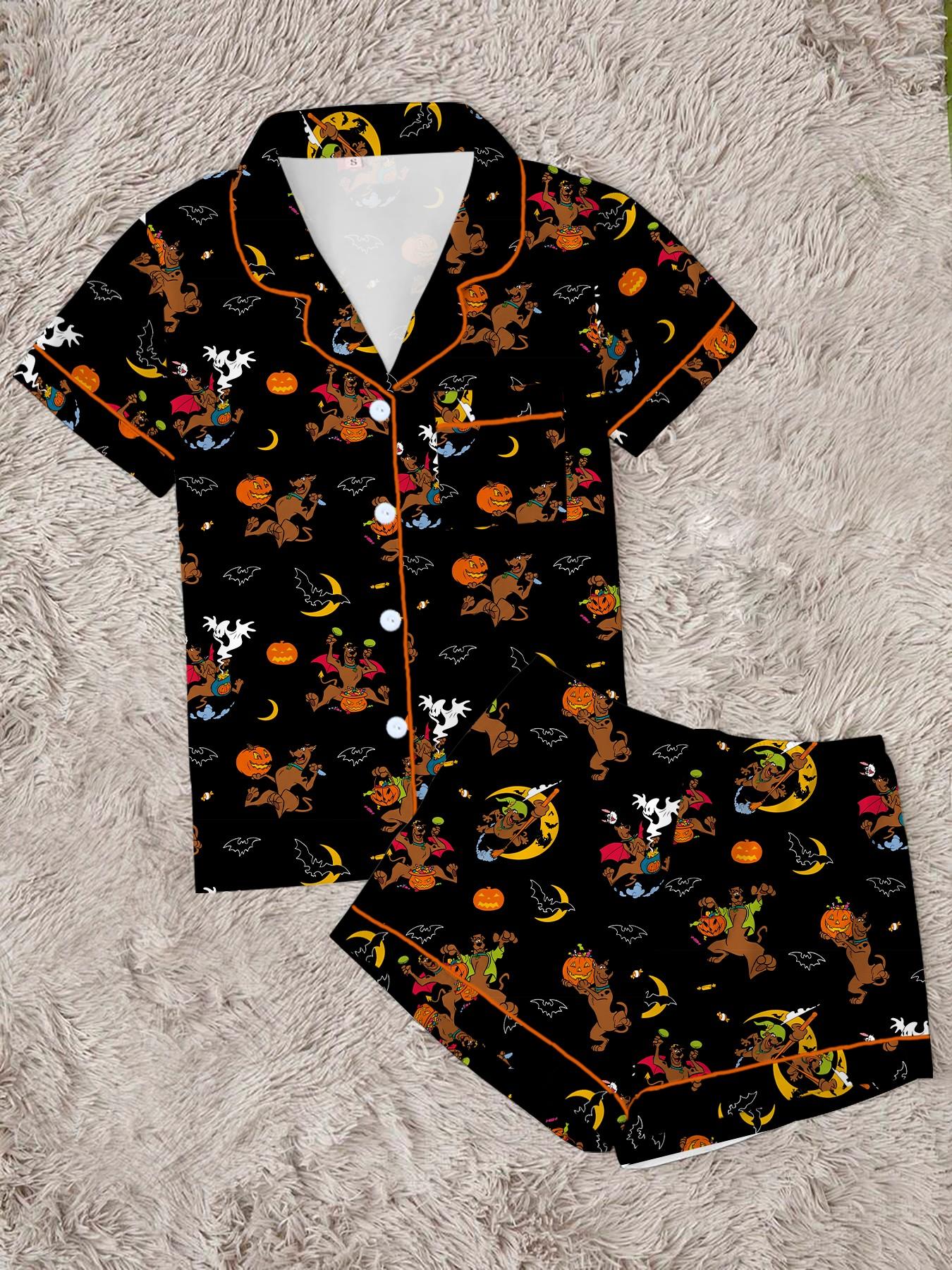Halloween Dog Print Pajama Set for Teens, Soft Breathable Short Sleeve Top & Shorts, Casual Loose-Fitting Sleepwear, Fun Gift Idea