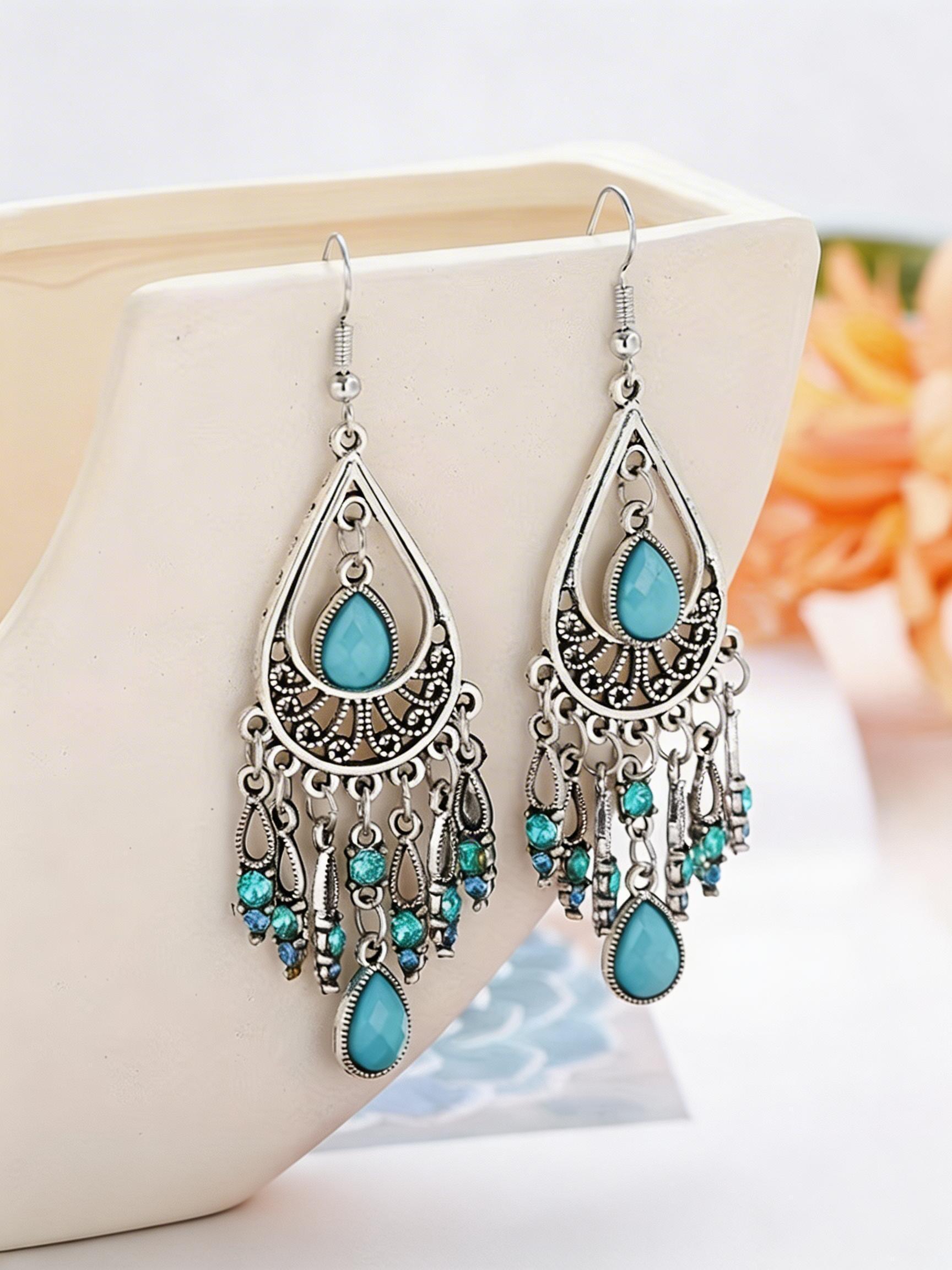 Luxurious Turquoise Textured Drop Earrings, Hook Style, Vintage Floral Design, Perfect for Weddings, Parties, Festivals, Women
