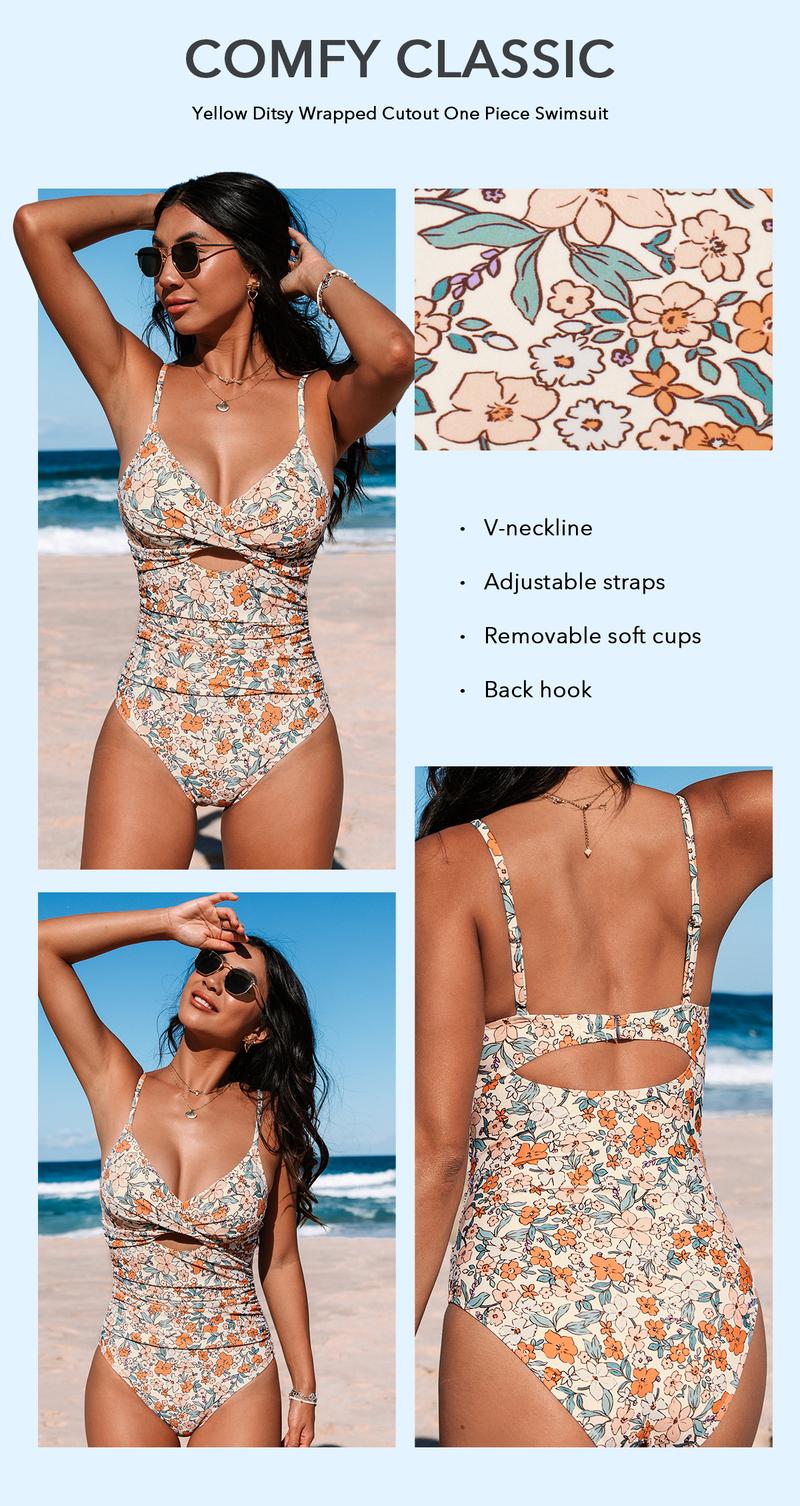 CUPSHE Ditsy Floral Cutout One-Piece Swimsuit | Flattering Wrap Design V-Neck Monokini | Tummy Control Summer Beachwear with Adjustable Straps 2026
