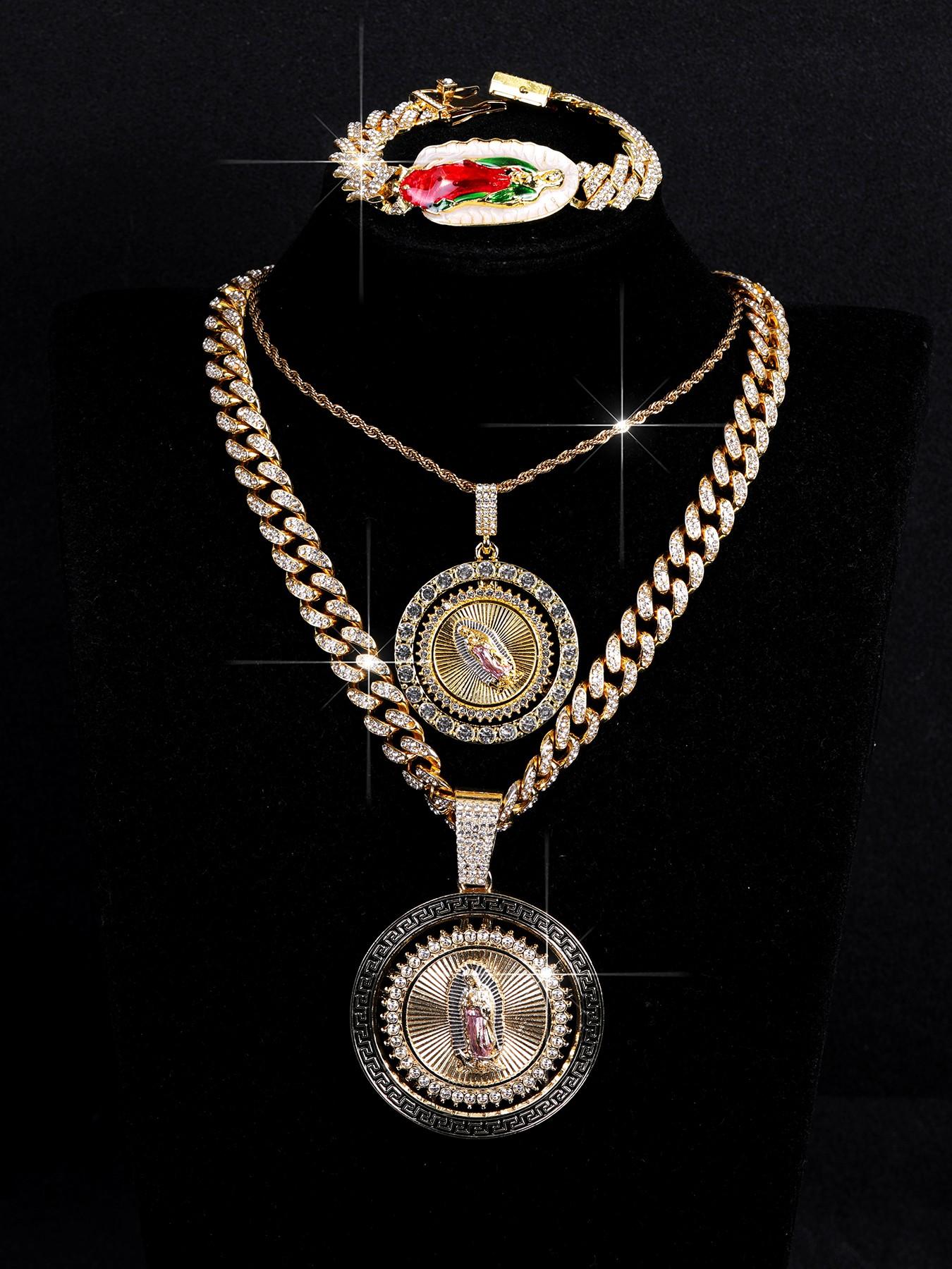 3pcs/set Men's Jewelry, Hip Hop Style Virgin Mary Pendant, Stacking Necklace & Bracelet Set, Iced Out Blingbling, Punk Style Accessory