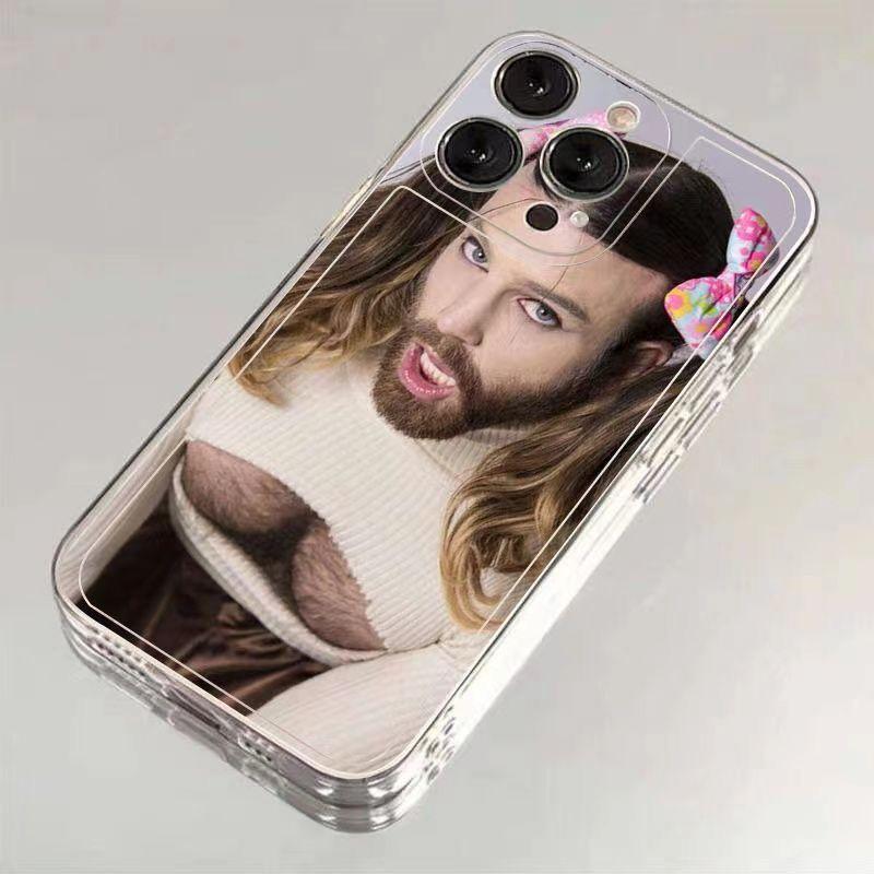 Cartoon Parody "Bearded Uncle in Lolita Outfit" Transparent Phone Case — Cute Protective Cover for iPhone 17, 16, 15, 14, and 13 Series