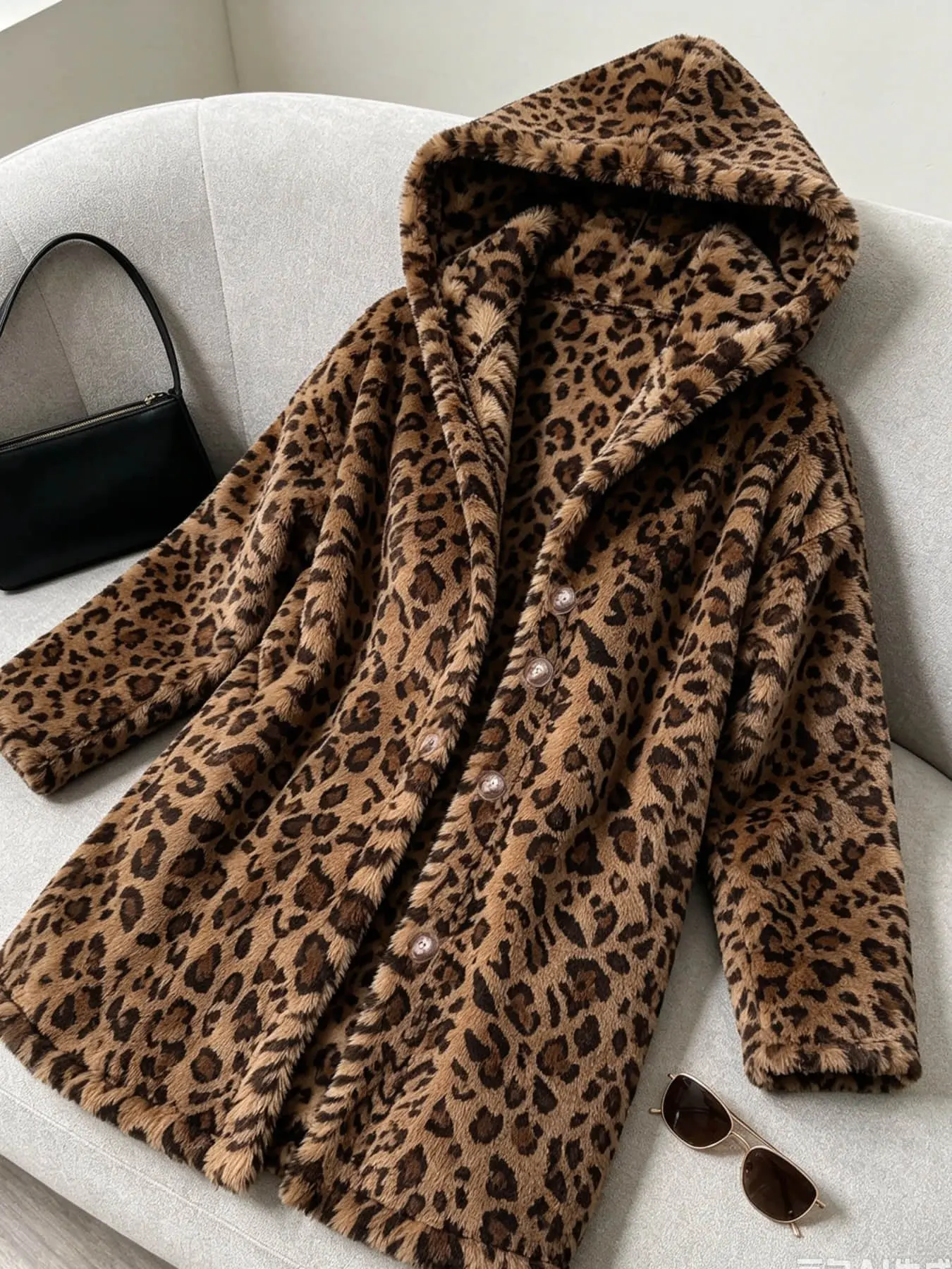 A women's fashionable retro lazy style loose single breasted leopard print hooded plush jacket Coats for autumn and winter, suitable for shopping, commuting, work, dating, dining, exploring stores, and checking in