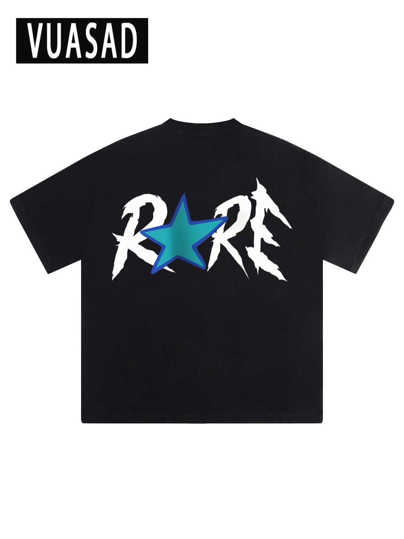 Men's Rare Star Print Cotton T-Shirt, Casual Loose-Fit Short Sleeve, Streetwear Fashion, Long Length, No Zipper or Button, Letters Pattern