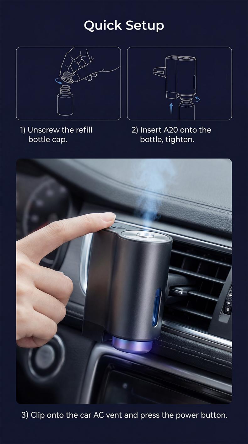 Smart Car Fragrance Diffuser, Air Purifier for Cars, Essential Oil Diffuser, Air Freshener, Includes 3 Bottles, Perfect Gift for Holidays and Birthdays