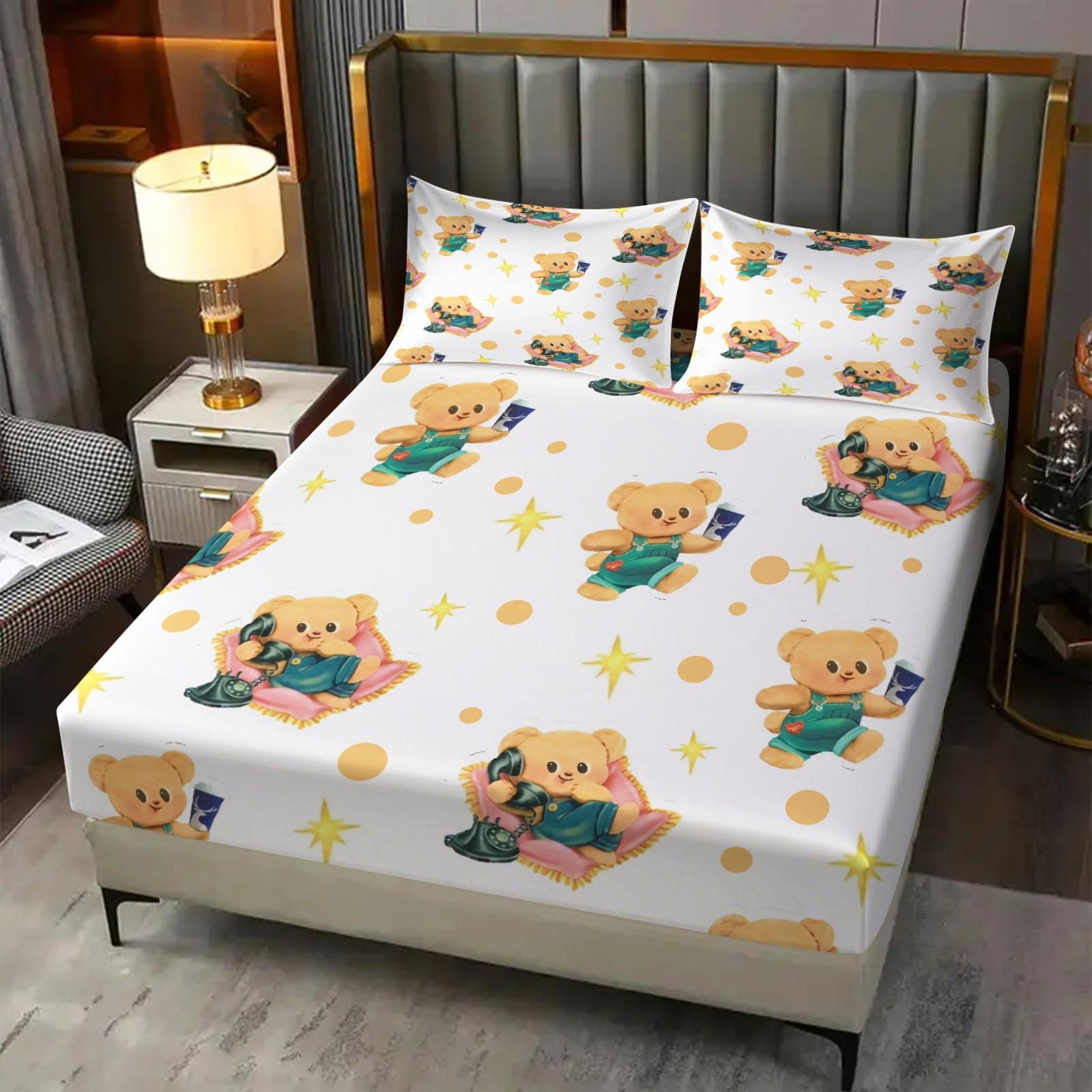 3 Pcs Cute Cartoon Bear Fitted Sheet Set, Kawaii Teddy Bear Microfiber Deep Pocket Kids Bedding, Ideal Gift for Bear Lovers and Children