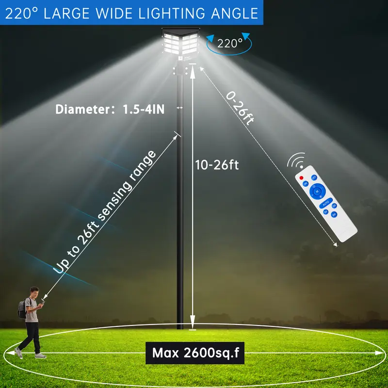 Product Introduction of Durable Solar Garden Lights Outdoor, Easy to install,240000LM LED Energy-Efficient , 6500K Motion Sensor, with Remote Control, Dusk to Dawn for Yard, Parking Lot, Commercial Area ,Driveways,IP67 Waterproof Rainy Day Available 8