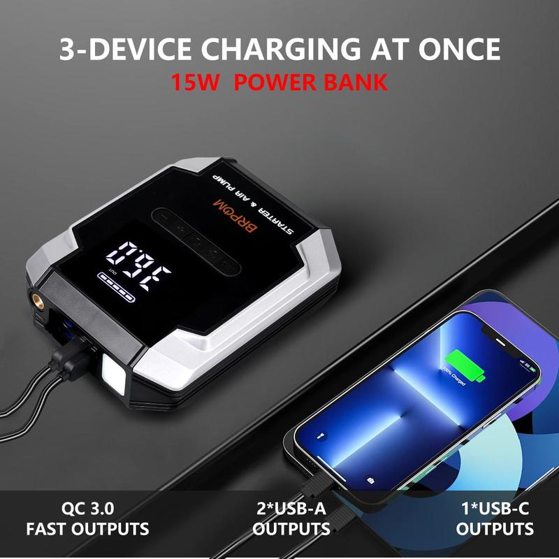 BRPOM [5 in 1] 8500A Portable Car JumpStarter with Air Compressor(ALL Gas, 10.0L Diesel) WithTire Inflator, 12V Car Battery JumpPower Fast charging With LED Light Jump starter