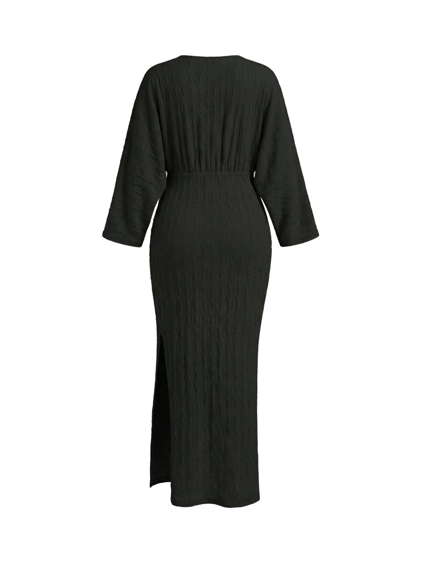 Plus Size Elegant Dress – V Neck Tie Waist Long Sleeve Gown, Party Evening Essential, Slim Fit, Spring & Fall Fashion