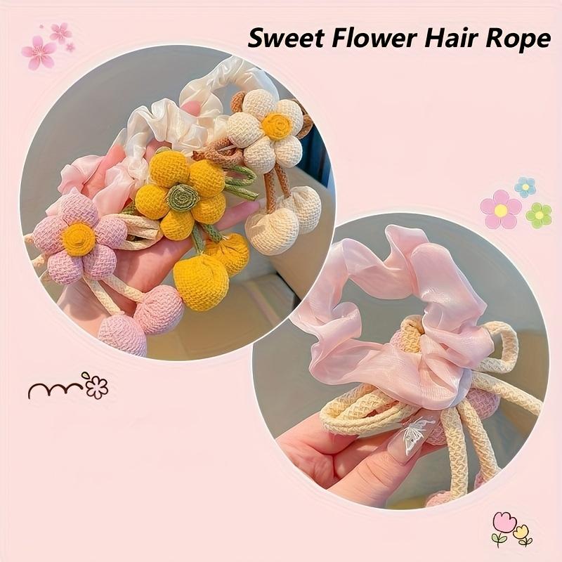 6 Pcs Knitted Flower Hair Scrunchies for Girls Bow Tassel Ponytail Holders Cute Hair Accessories for Kids Double Buns Hairstyle
