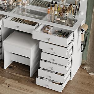 FUSOU [ Valentine's Day ] 55" W Vanity Desk, Makeup Vanity with Charging Station, 15 Drawers Vanity with Lighted Mirror, 3 Lighting Modes, Brightness Adjustable, Glass Top, Vanity Table with Chair for Bedroom