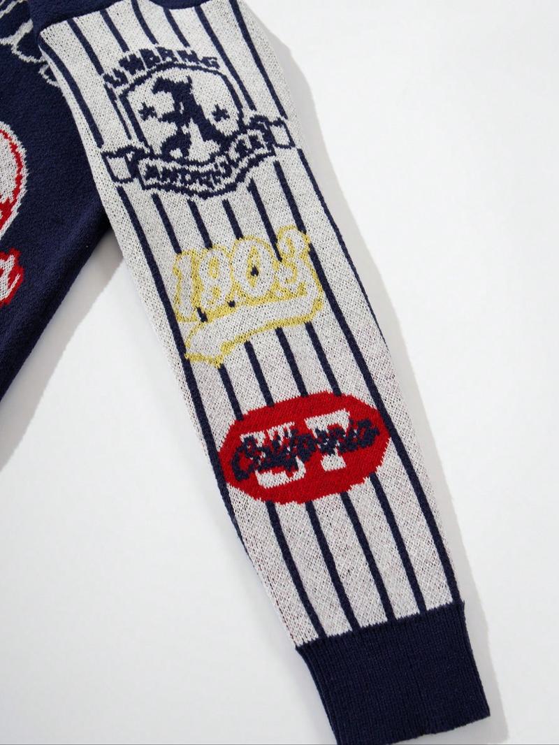 Men's Autumn Winter Casual Loose Fit Knit Sweater, Small Dinosaur Baseball Pattern, Vintage Street Style Long Sleeve Round Neck Top, Sweater Pullover