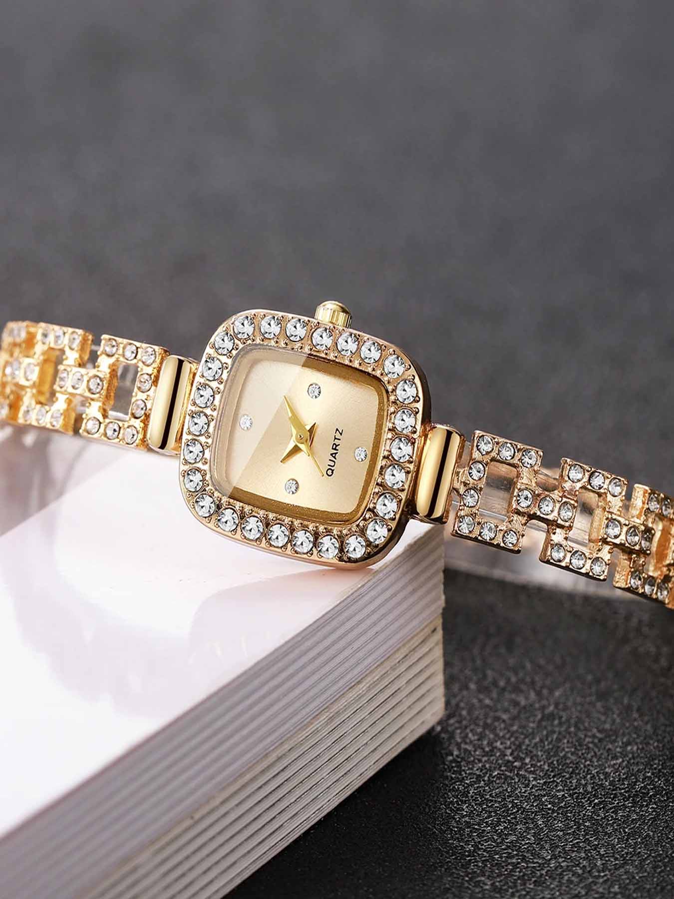 Women's Square Rhinestone Decorative Watch, Crystal Dial, Elegant Style Quartz Watch, Elegant Design, Suitable for All Seasons, Fashionable Watch