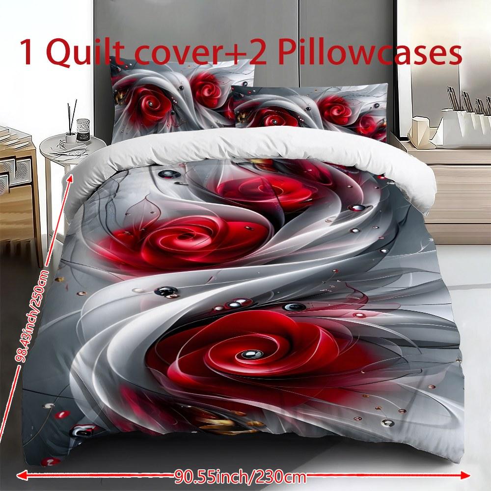 Three-piece bedding set - 2pcs/3pcs 2D Flat silver, white, and red rose abstract pattern duvet cover set (1 duvet cover + 1/2 pillowcases, no insert), multi-color printed bedding set, soft and comfortable, suitable for family bedrooms and guest rooms.