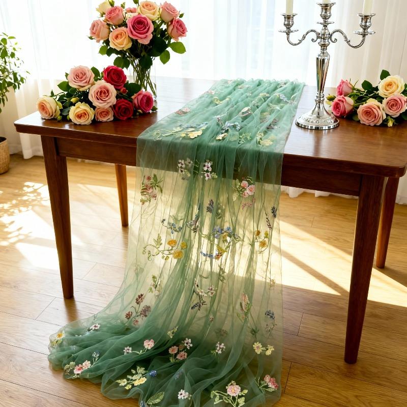 Green Lace Table Runner with Butterfly Floral Embroidery French Retro Ruffled Sheer Fabric Table Flag for Wedding Party, Garden Tea Party, Home Decor, Event Versatility, Multi-use for Table, Chair, Arch, Window