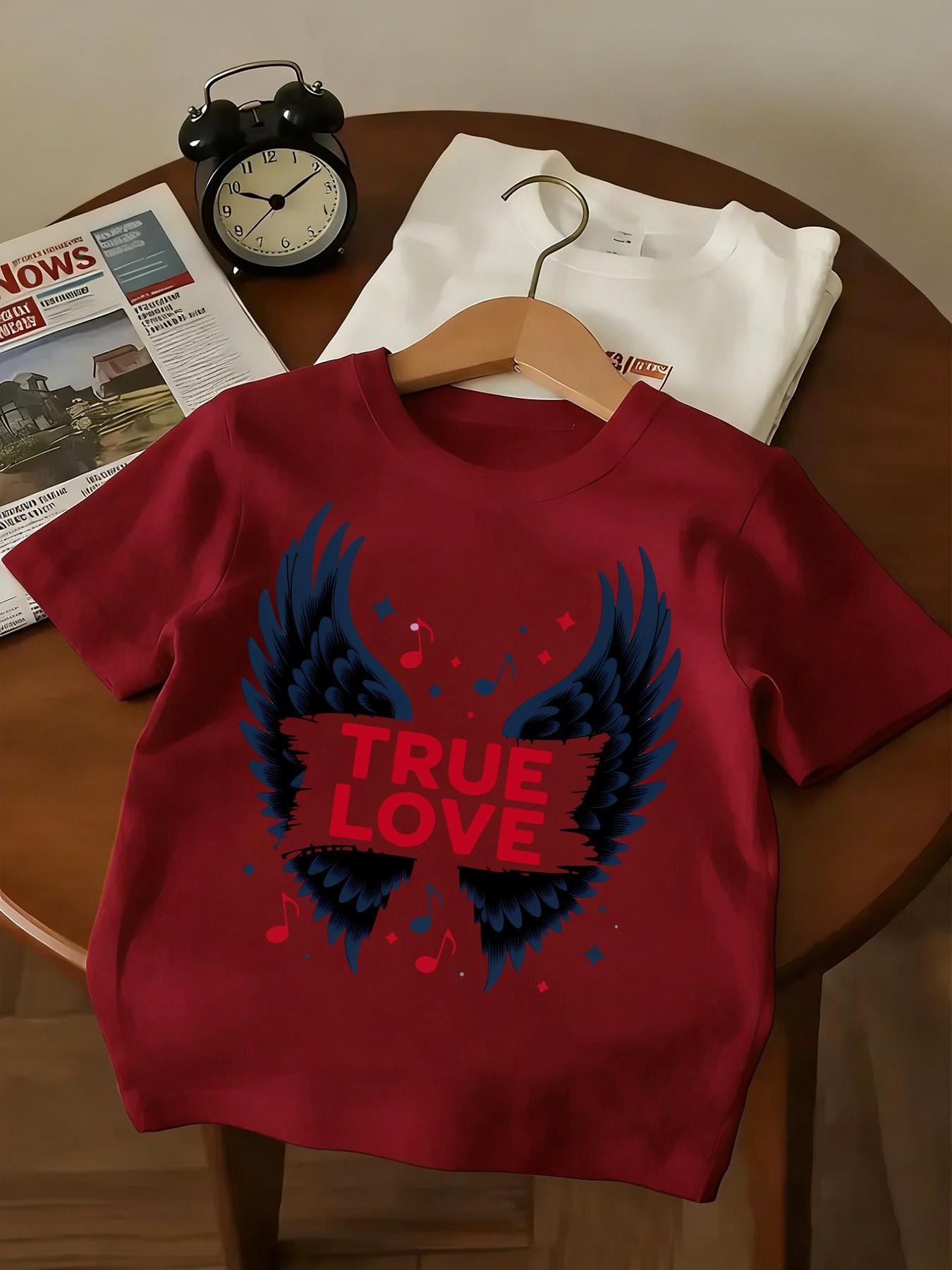 Teen Rock Style True Love Short Sleeve Tee, Deep Blue Wings True Love Print, Unisex Casual Slim Fit Round Neck T-Shirt