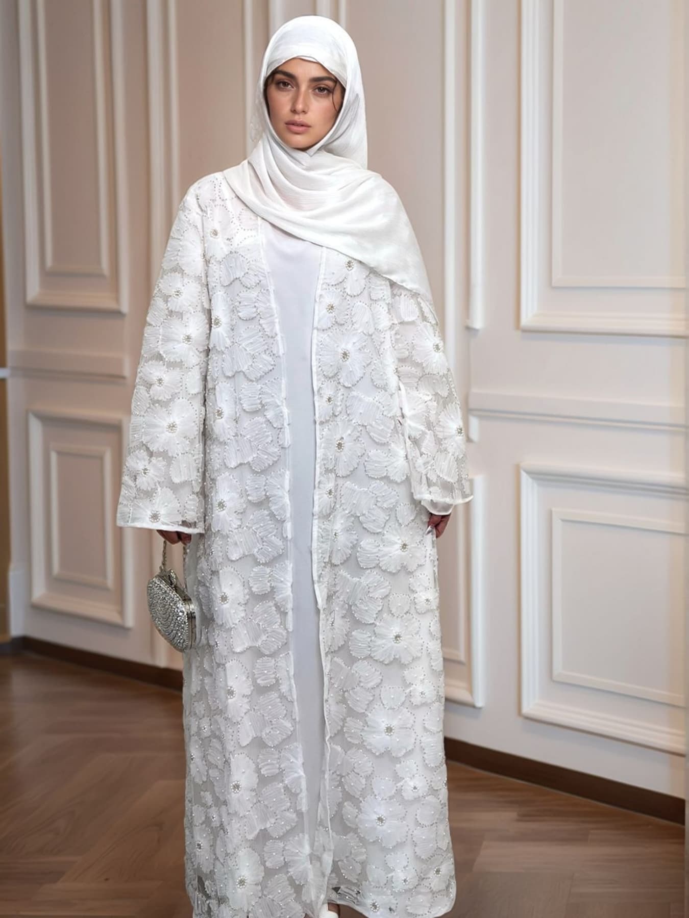 Women's Elegant Pearl Floral Beaded Abaya Hijab Set