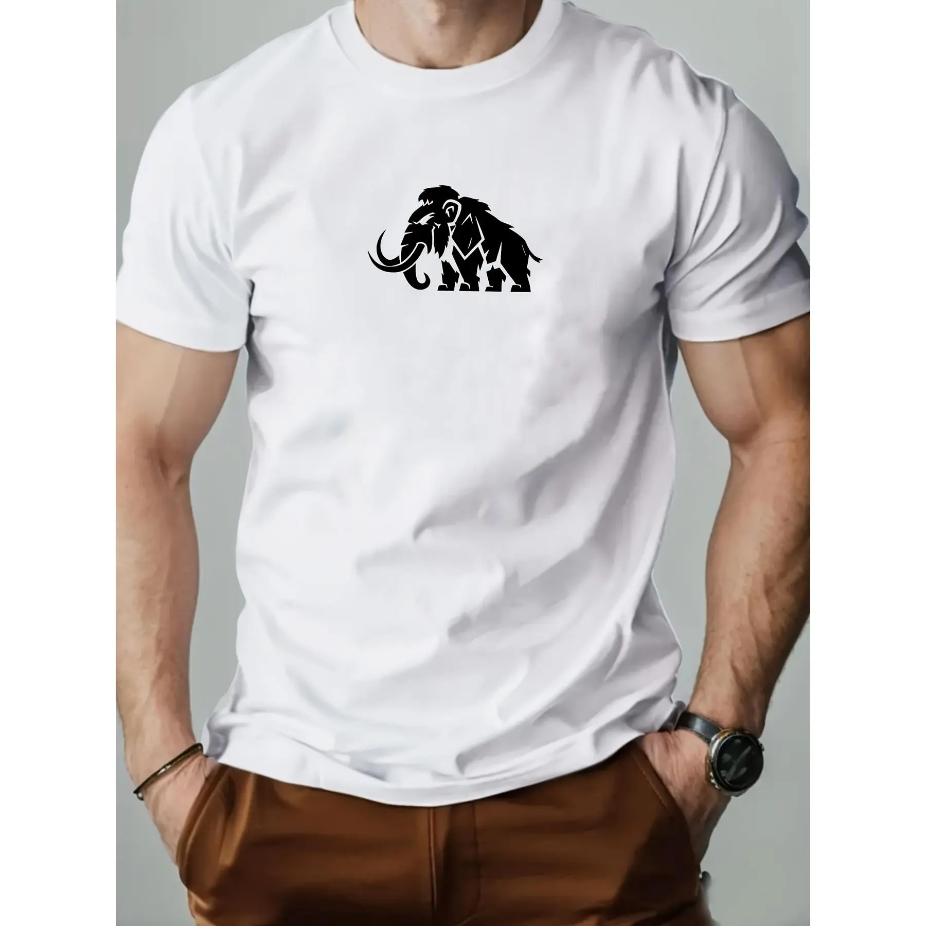 Men's Cotton Short Sleeve T-Shirt - White, Breathable Fabric, Minimalist Niche Chest Mammoth Silhouette Print, Funny Casual Summer Tee