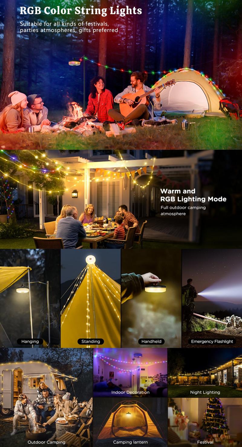 Solar Camping String Lights, 32.8 feet 2in1 Quick Storage USB Rechargeable Tent Light String, Outdoor Waterproof Portable Camping LED Tape Measure Lights, LED Colorful Ambient Tent Camping Light String,ForOutdoor, Hiking, Party
