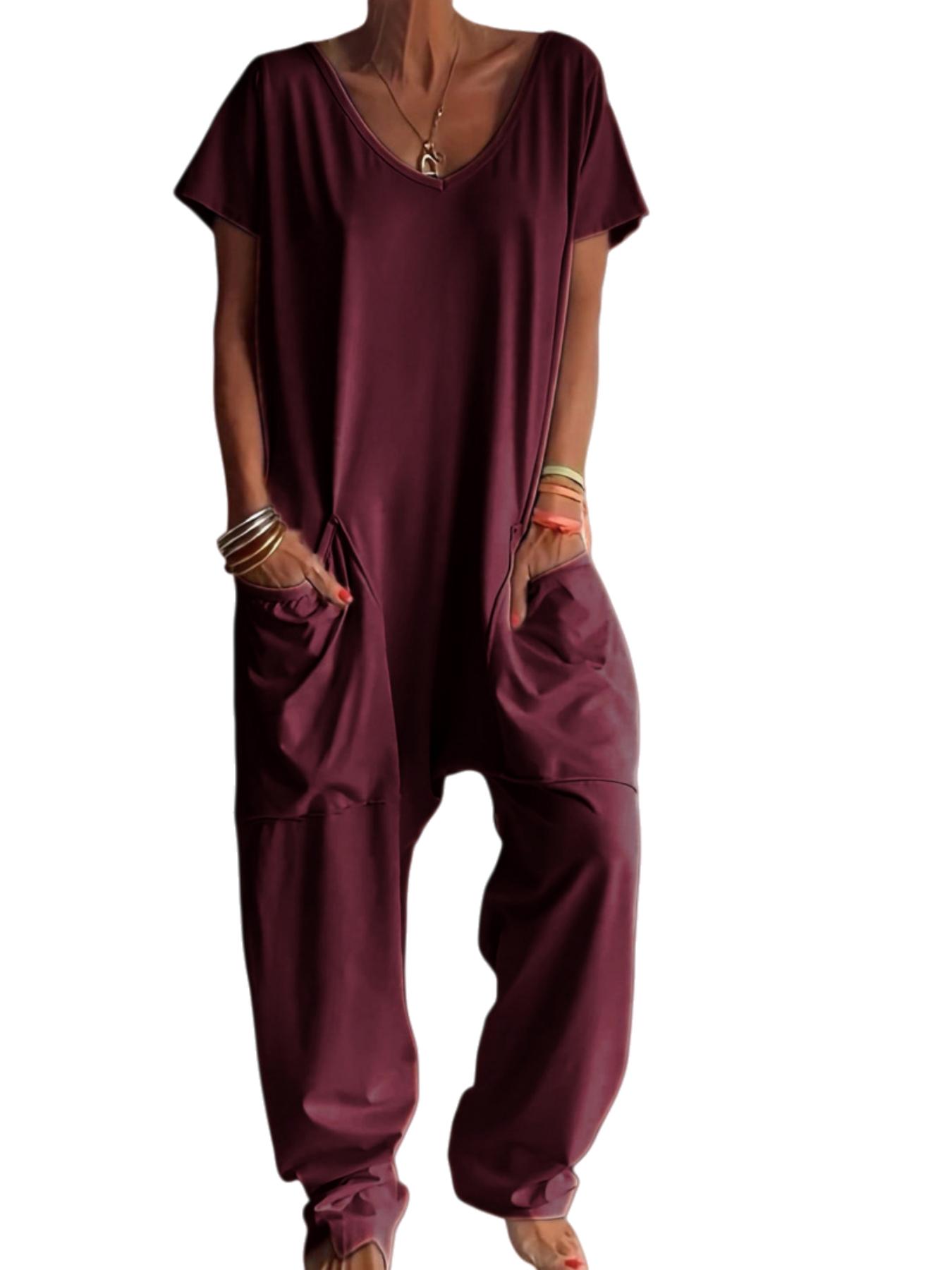 Women's Solid Color V-Neck Oversized Pocket Low Waist Jumpsuit, Casual Home Wear, Comfortable One-Piece Pants, Perfect for Daily Use