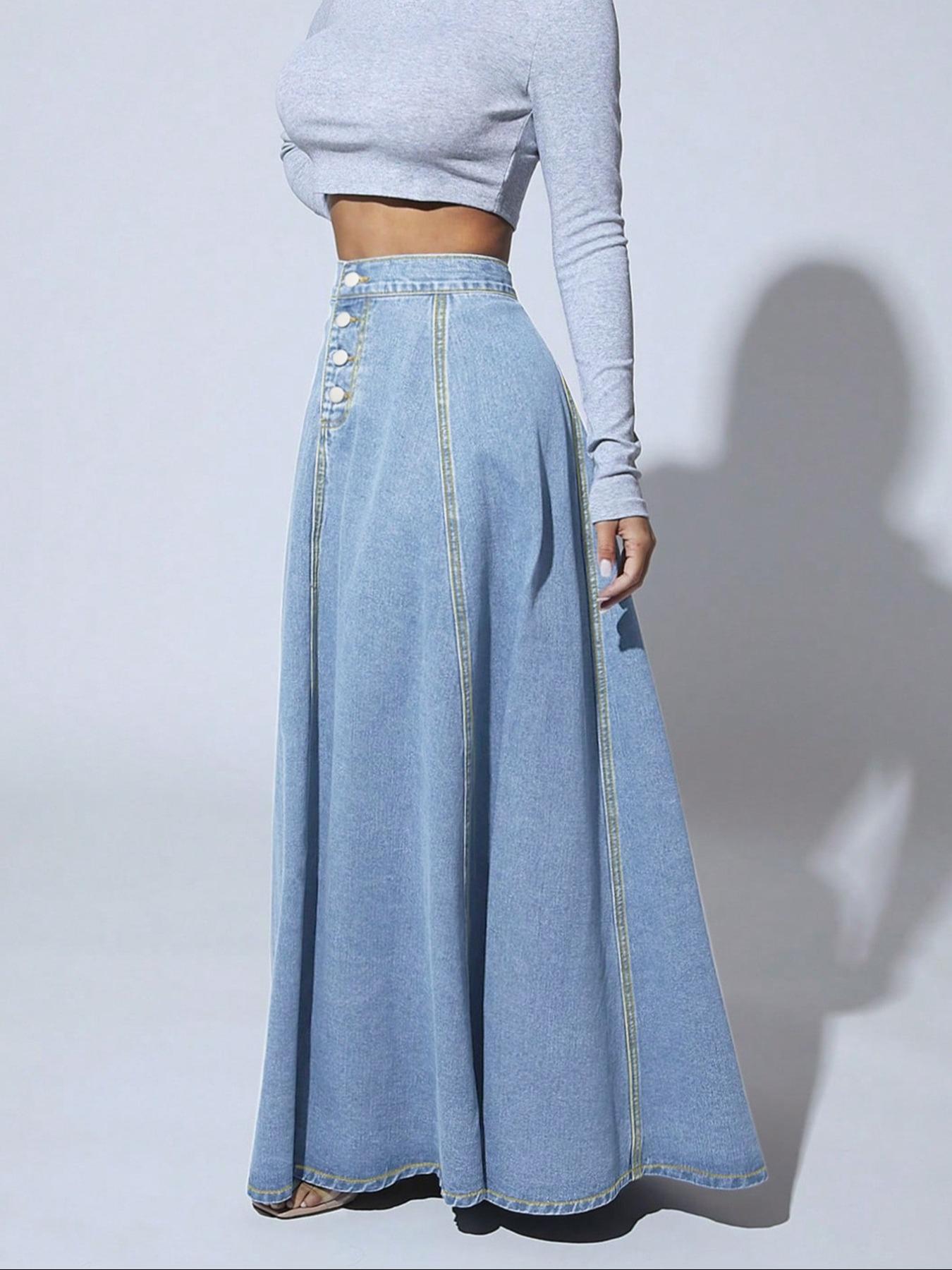Women's Fashion Casual Washed Long Denim Button Skirt, Stylish High Waist A-Line Skirt for Daily Wear, Comfortable and Trendy Design
