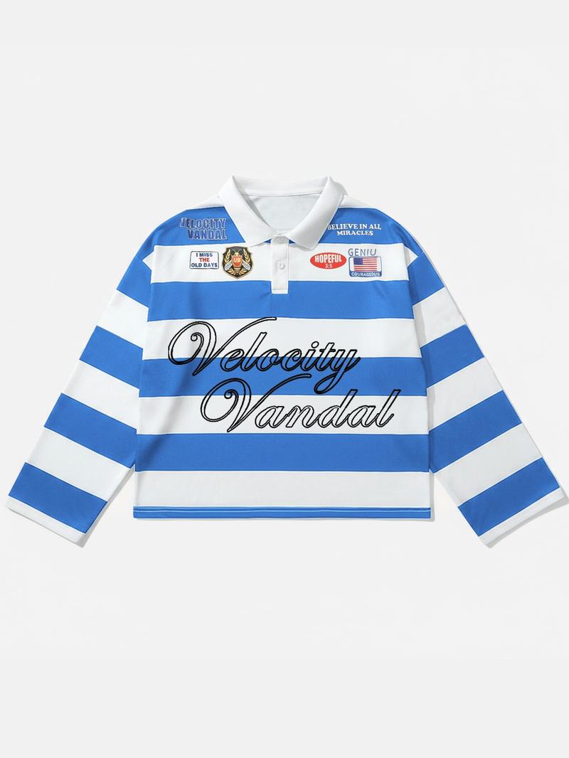 Men's Black and White Stripe Polo Shirt with Velocity Vandal Graphic, Streetwear Collared Shirt with Vintage Text for Casual Fashion